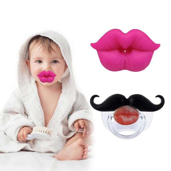 Комплект 2 бебешки залъгалки Axroad Mall, Меки, Дизайн на устни, Забавни, Устойчива на топлина, За дневна и нощна употреба, Chucai, Ортодонтски, За бебета 2-36 месеца, Без BPA, Силикон, Черен/Червен