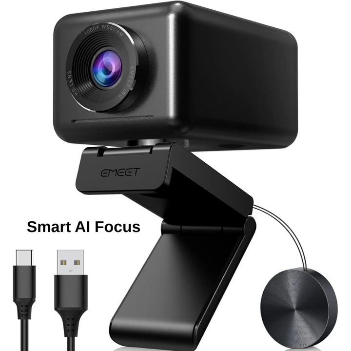 Camera Web EMEET- Jupiter, Smart AI Face Detection, 4 Microfoane Reducere Zgomot Incorporat, 1 difuzor, 1080P/30 fps, 96°, Corectie automata a luminii, Auto Framing, Negru