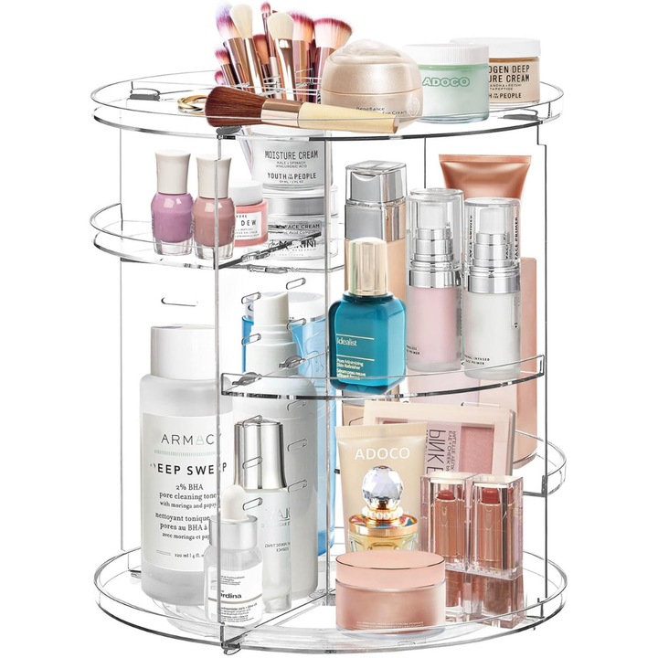 Органайзер за козметика Macvi, Въртящ се, 360°, Регулируем дизайн, 9 просторни отделения, Бърз монтаж, Идеален за грим и продукти за грижа
