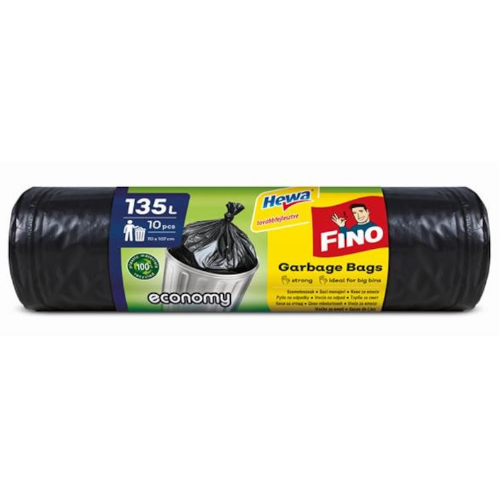 Sac menajer, 135 l, 10 buc, 70x107 cm, 24 µ, FINO "Economy", negru