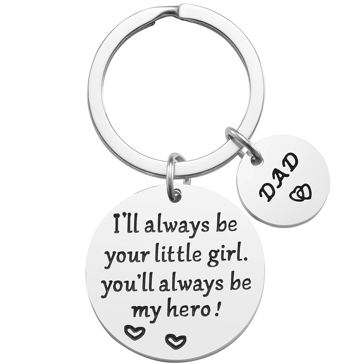 Ajándék szett apának, Axroad Mall, Kerek fém kulcstartó személyre szabott szöveggel, Rozsdamentes acél kulcstartó, „Mindig a Te kislányod leszek, és Te mindig az én hősöm leszel” üzenettel, Lányától, Személyre szabott ajándék, 30mm, Ezüst