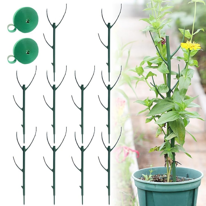 Set 10 suporturi pentru plante, Axroad Mall, Structuri de sustinere pentru plante cataratoare, Cu 2 banda de sustinere plante, Pentru monstera, pothos, Reutilizabile, Legaturi multifunctionale, Aderenta puternica, 28 cm, Plastic, Verde inchis