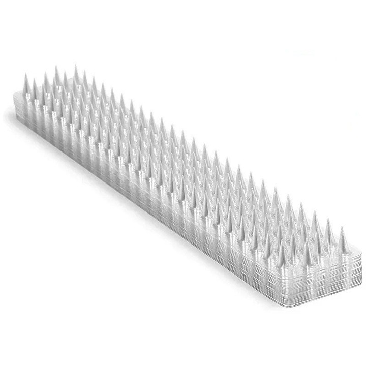 Шипове против птици, комплект 20 шипа, пластмаса, BOMSTOM, 4 реда, 42 см, против птици, против врабчета, против лястовици, против гълъби, против врани, против котки, прозрачен, прозрачно бял