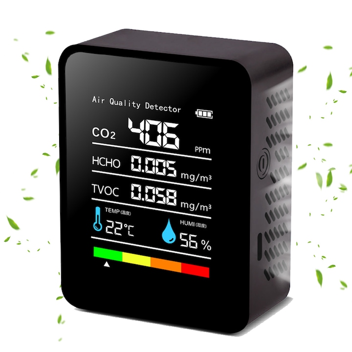 Monitor Calitate Aer Portabil IDAMAKON Senzor 5 in 1 Detector CO2 Dioxid de Carbon TVOC Compusi Volatili HCHO Formaldehida Temperatura si Umiditate Acumulator Incorporat Reincarcabil Indicator
