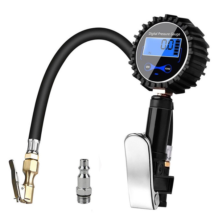Digitális gumiabroncsnyomásmérő felfújóval, BOMSTOM, 0-250psi, LED háttérvilágítás, nagy pontosságú, hordozható, 1/4" NPT kompresszorokkal kompatibilis, automata kikapcsolás, fekete