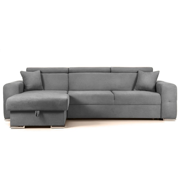 Coltar Extensibil BELLAGIO, sezlong interschimbabil, cu lada de depozitare si tetiere reglabile, 280x170x100 cm, Gri Deschis - Enjoy