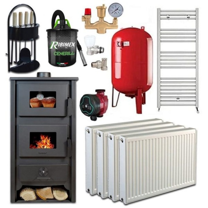 Pachet Termosoba pe lemn Termax Codru, 24.43 kW, cuptor integrat, randament 85.10%, 155 m², Negru, Calorifere, Pompa Recirculare, Vas expansiune, Robineti tur/retur, set accesorii si aspirator cenusa