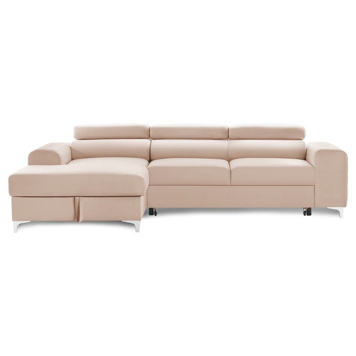 Coltar Extensibil LOFT NEW, Stanga, cu lada depozitare si tetiere reglabile, 295x170x95 cm, Bej - Velluto