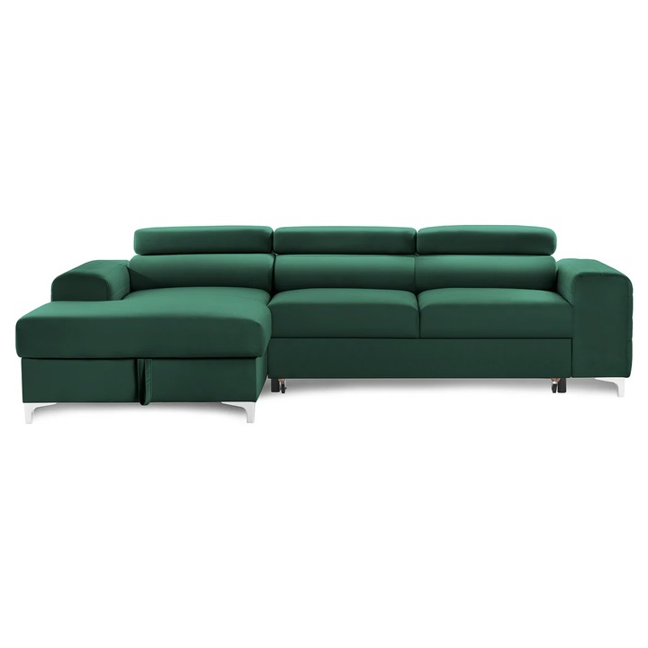 Coltar Extensibil LOFT NEW, Stanga, cu lada depozitare si tetiere reglabile, 295x170x95 cm, Verde Padure - Velluto