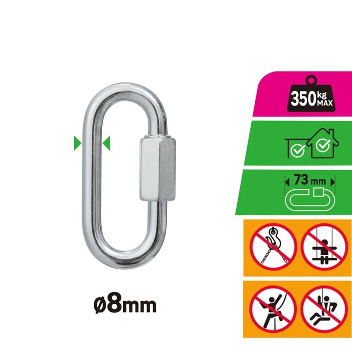Veriga rapidă din oțel zincat, 8mm, 73mm, capacitate 350kg, gri/argintiu