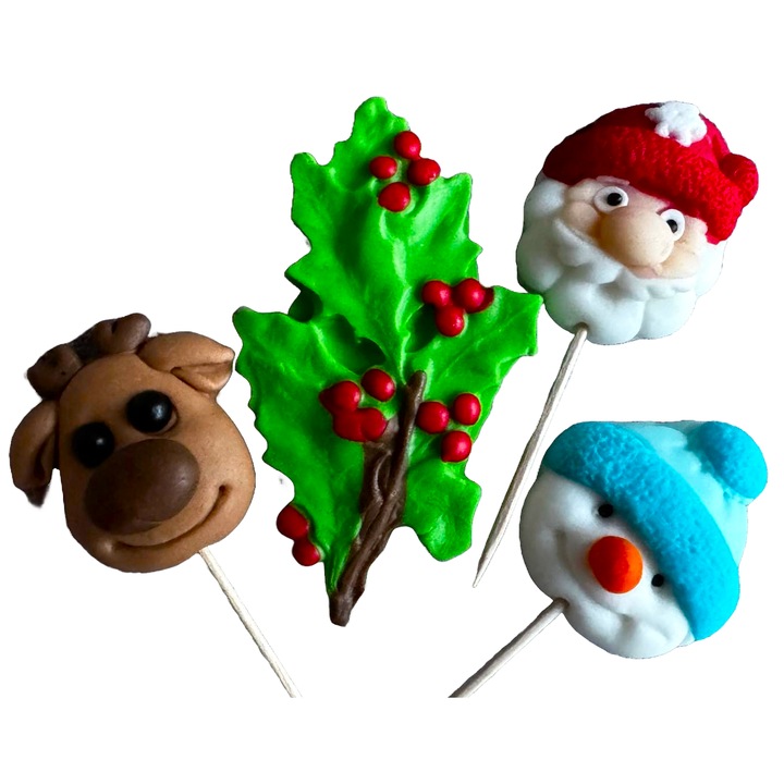 Set 4 decoratiuni comestibile din pasta de zahar, toppere de Craciun, ren, om de zapada, brad si Mos Craciun