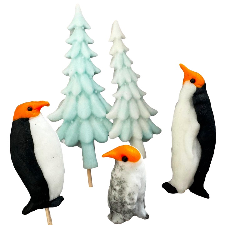 Set 5 decoratiuni comestibile din pasta de zahar, Craciun, pinguini si braduti