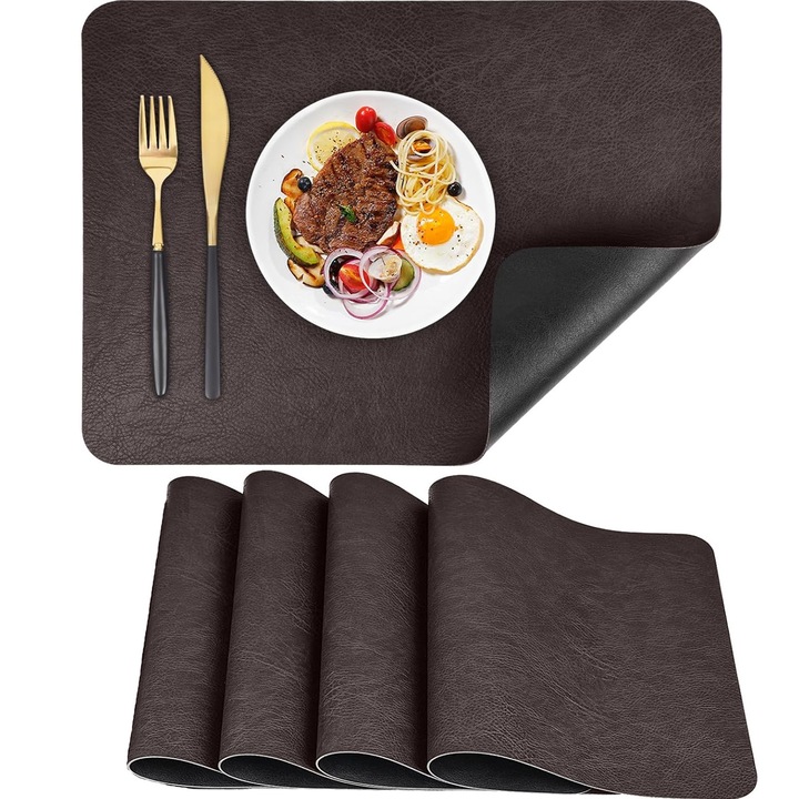 Set 4 suporturi de farfurie Axroad Mall, antiderapante, rezistente la caldura, piele ecologica, negru, 43x30cm