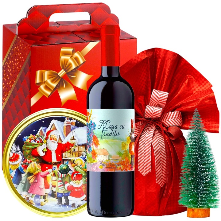 Pachet cadou Craciun, model Joy Edition, cu Vin Rosu Cabernet Sauvignon, Panettone, Biscuiti Danezi cu Unt in Cutie Metalica de Colectie Santa, Decoratiune in Forma de Brad, Ambalaj Festiv Elegant - by CADOURI RAFINATE®
