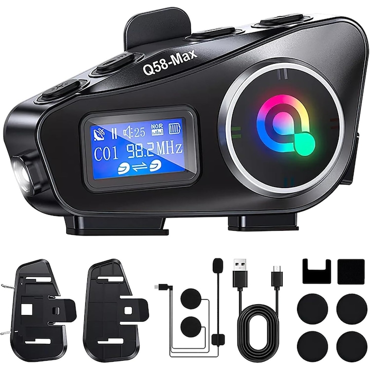 Sistem de casti Bluetooth 5.3 pentru motocicleta, WALALLA, camera HD wireless, raza de actiune de 500 m, afisaj incorporat, unghi larg de 120°, inregistrare foto/video 1080P, potrivit pentru motociclete, biciclete si schi, impermeabil, 1000 mAh, negru