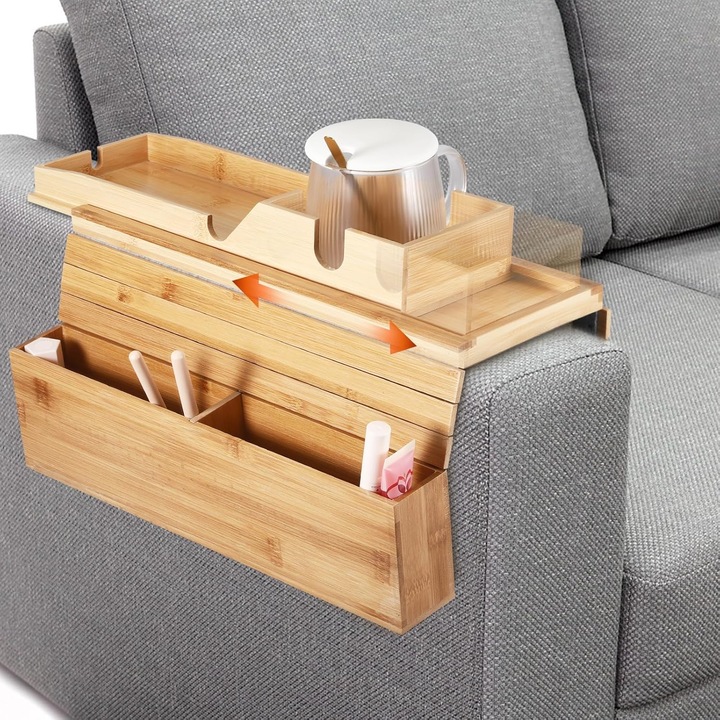 Tava 2 in 1 pentru cotiera canapea, WALALLA, antiderapanta/pliabila, suport de pahare detasabil cu buzunare laterale pentru bauturi, gustari, telecomenzi, reviste, potrivita pentru canapele si fotolii rabatabile, bambus, 34 x 41 cm, maro