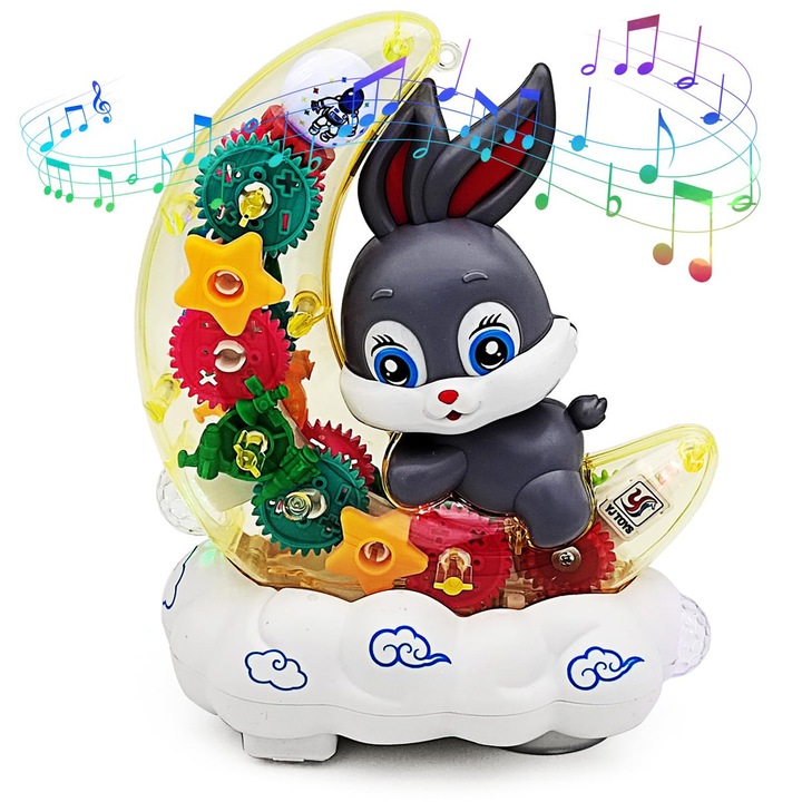 Autó fénnyel és zenével, átlátszó fogaskerekek, MorFansi®, interaktív szórakoztató játék, automata vezetés, 15X9.5X19CM, 1 év+, nyúl modell, szürke