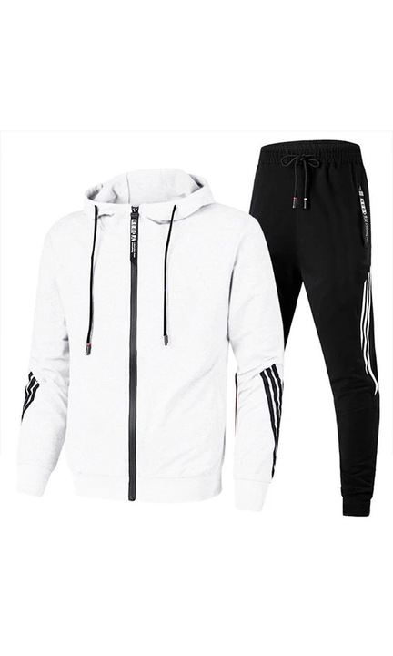 Trening barbatesc, set din 2 piese, pantaloni jogger, alb/negru, material respirabil, uscare rapida