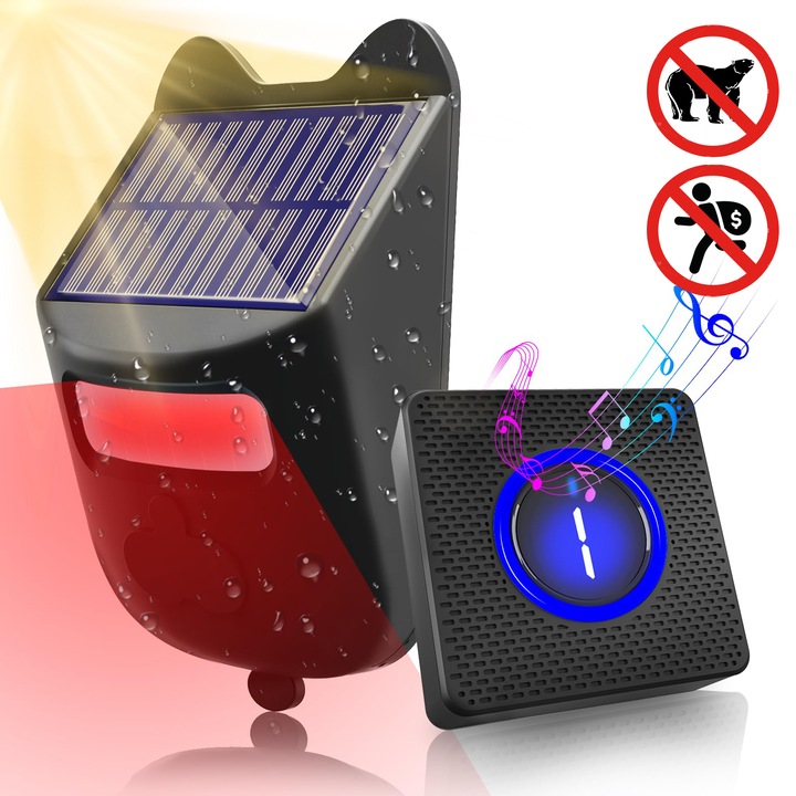 Комплект соларна аларма със сензор за движение, външна сирена с приемник, 3 нива на чувствителност, LED, 8 часа слънчево зареждане, безжична 200M, лесен монтаж, водоустойчива IP65, 38 мелодии, подходяща за дворове на къщи и ферми, черна