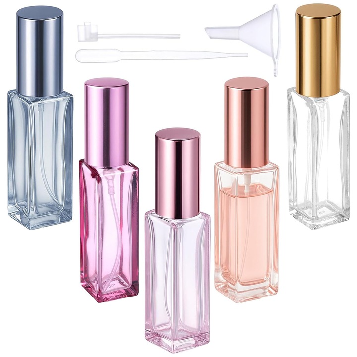Set 5 recipiente cosmetice pentru parfumuri, Hggzeg, Set 5 sticla reincarcabila cu atomizor pentru parfum, Cu unelte, Usor de transportat, Reutilizabile, Pentru calatorii, intalniri sau petreceri, Plastic/Sticla, 10ml, Multicolor