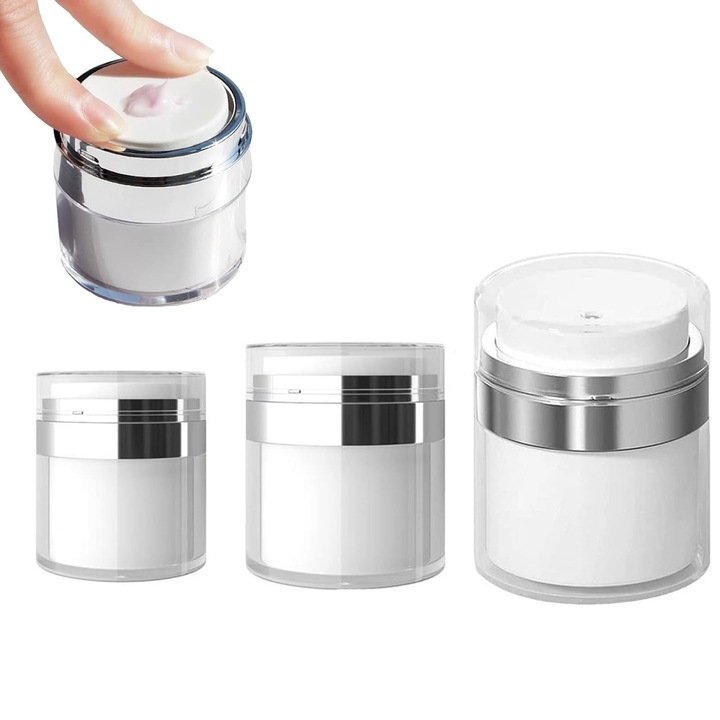 Set de 3 recipiente cosmetice, Hggzeg, Recipient cosmetic vacuum refilabil, Prelungeste durata de viata, Usor de transportat, Pentru lichide mai groase, seruri, lotiune de corp, Acril, 15/30/50ml, Alb