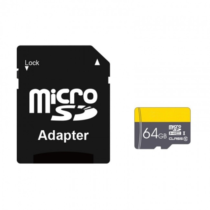 Card de memorie Micro-SD cu adaptor, 64GB, THCM11, 100Mbps, Negru-Galben
