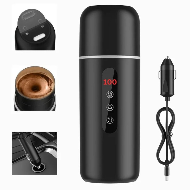 Cana Termica, Amestecare si Incalzire Automata, Temperatura Reglabila, Control Tactil, Anti-Scurgere, Pentru Masina, 420 ml, DAVID INDUSTRIES, negru