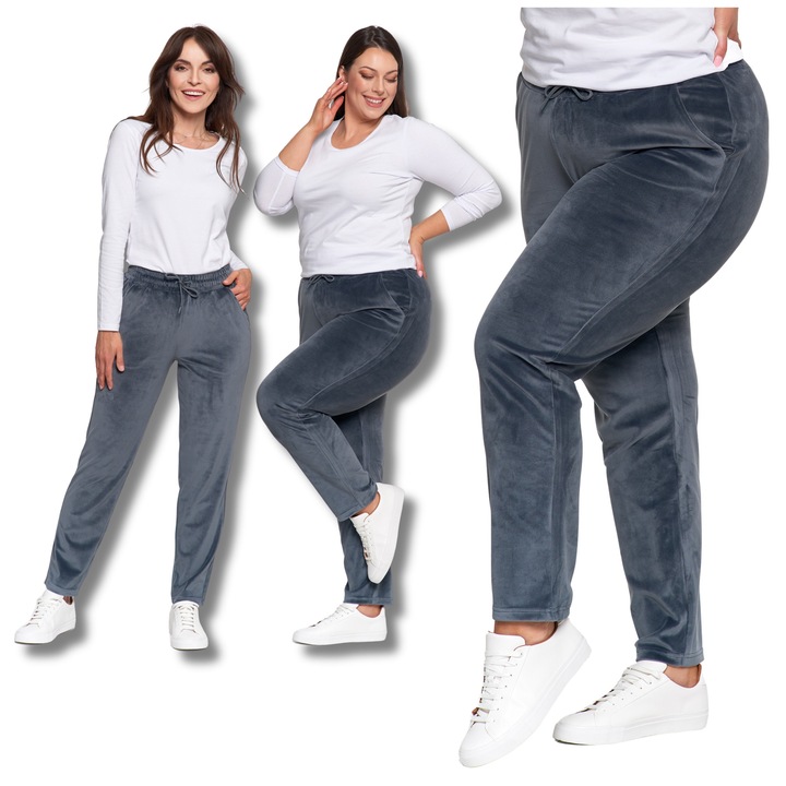 Női sportnadrág, Moraj, magas derék, egyenes szabású, kényelmes, bársony, szürke