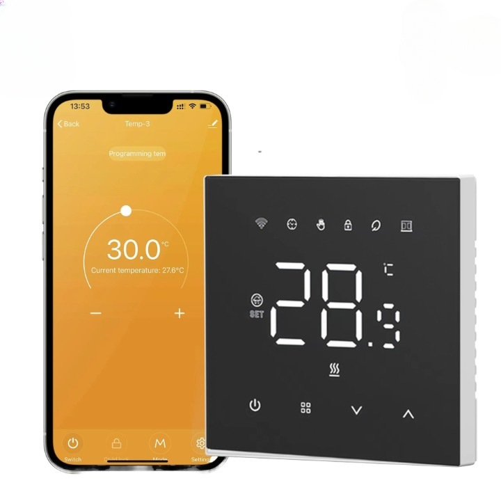 WIFI Smart термостат, Zadabso®, 16A, газово или електрическо подово отопление, Tuya App Control, Smart Life, Apple Home, Smart Thing, LCD дисплей, гласово управление, черен