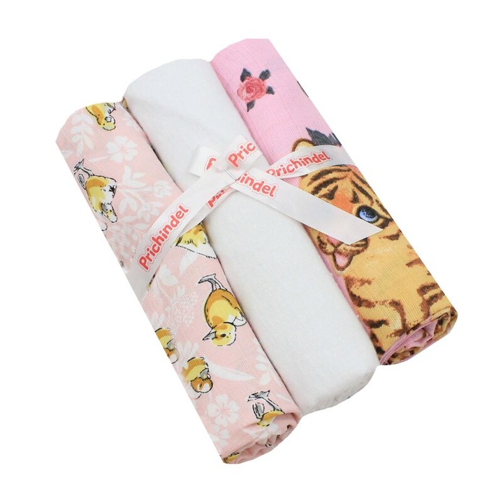 Set 3 scutece, Ratuste si Little tiger pink, muselina si finet, bumbac, 75x70cm