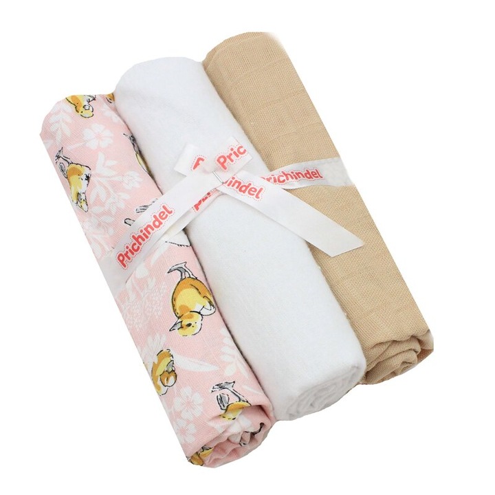 Set 3 scutece, Ratuste, muselina crem si finet, bumbac, 75x70cm