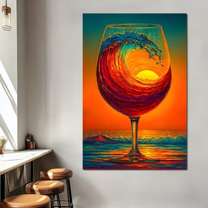 Премиум Канава Картина, LuxCanva® N1002, Огнена вълна, 40 X 60 СМ, 100% Памучно платно 400гр/м2, Дървена рамка, Червено вино, Напитка, Чаша, Залез, Слънце, Вълни, Вода, Море, Екзотичен, Лаундж, Бар, Ресторант, Кухня