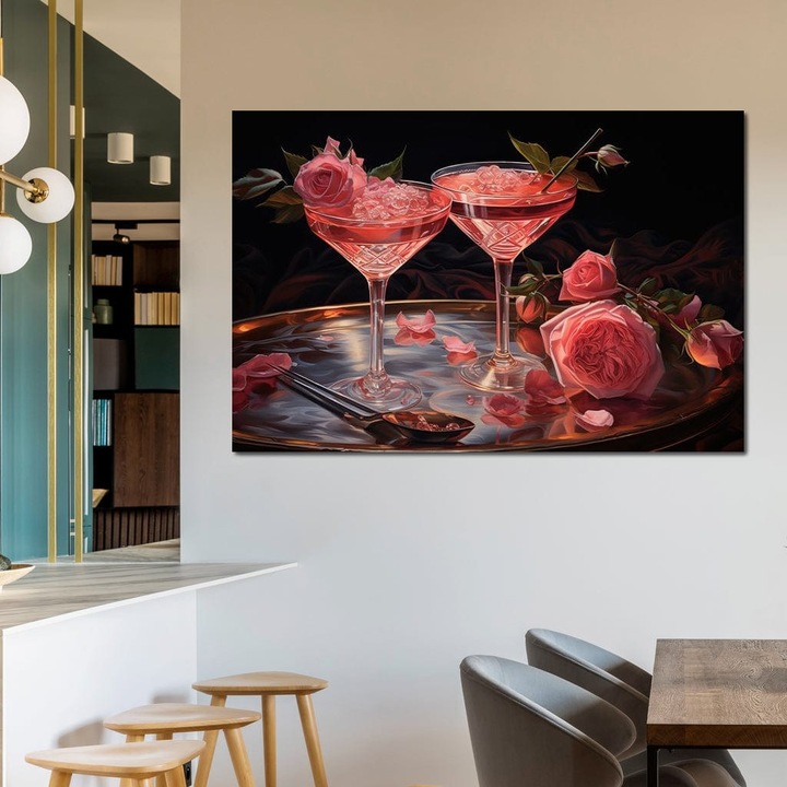 Премиум Канава, LuxCanva® N1004, Еликсирът на Страстта, 80 X 120 СМ, 100% Памучно Платно 400гр/м2, Дървена Рамка, Коктейл, Чаши, Напитка, Рози, Венчелистчета, Романтичен, Деликатен, Разкош, Елегантен, Лаундж, Бар, Ресторант, Кухня