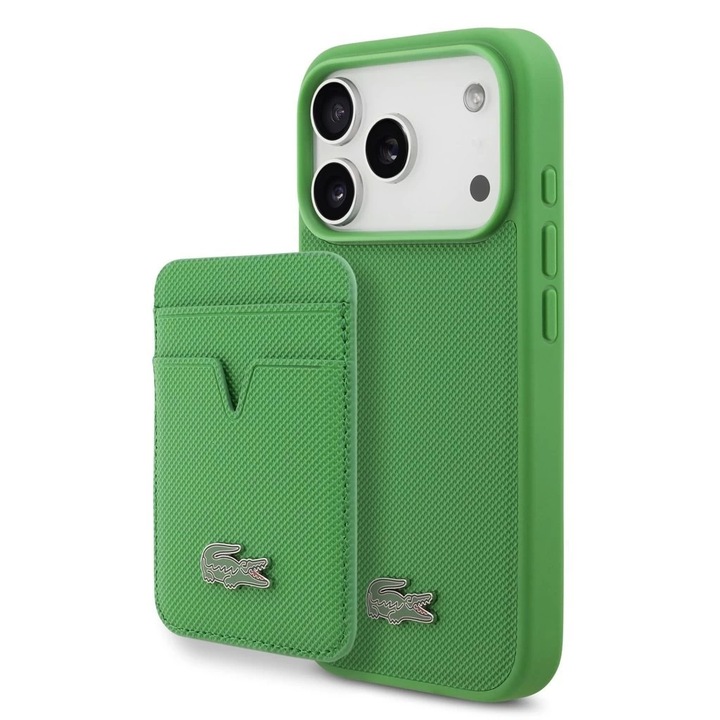 Husa telefon Lacoste Iconic Petit Pique MagSafe + portofel, verde, pentru iPhone 17 Pro