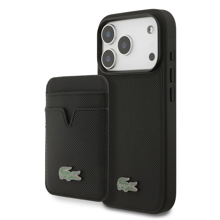 Калъф за телефон Lacoste Iconic Petit Pique MagSafe + портфейл, черен, за iPhone 17 Pro