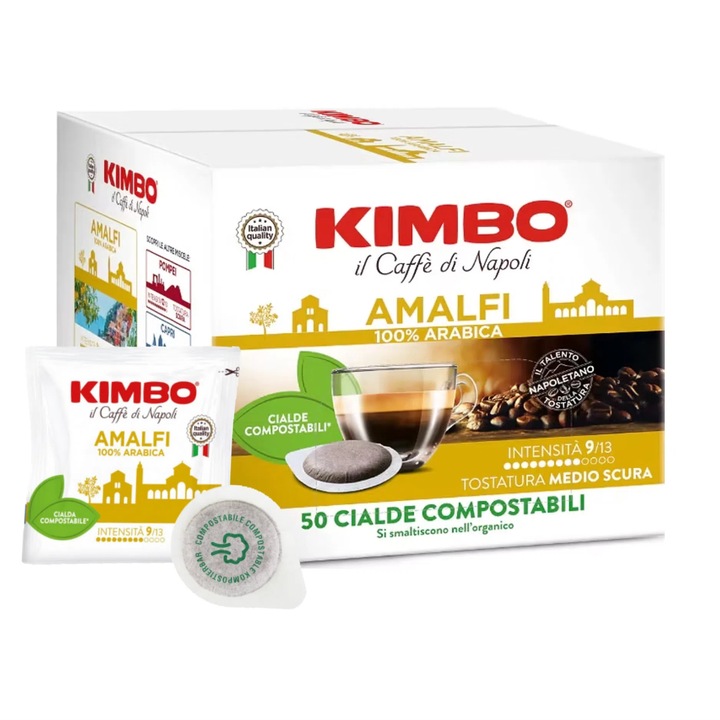 Cafea Kimbo Amalfi, 100% Arabica, intensitate 9/13, 50 paduri ESE, 350 g