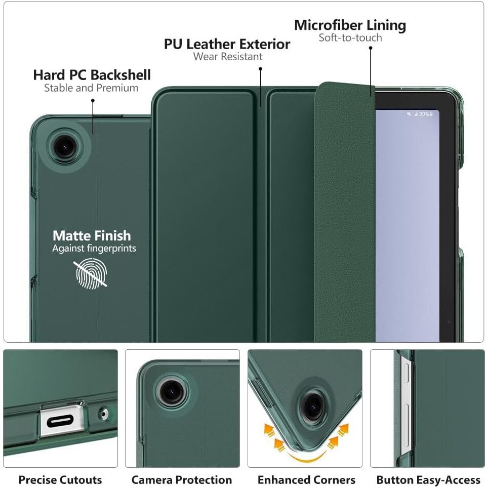 Husa DUOCUOLA pentru Galaxy Tab A9 Plus 11 inch 2023, husa protectoare subtire cu suport, spate translucid din PC rigid, compatibila cu modelele SM-X210, X216, X218, auto wake sleep, verde midnight