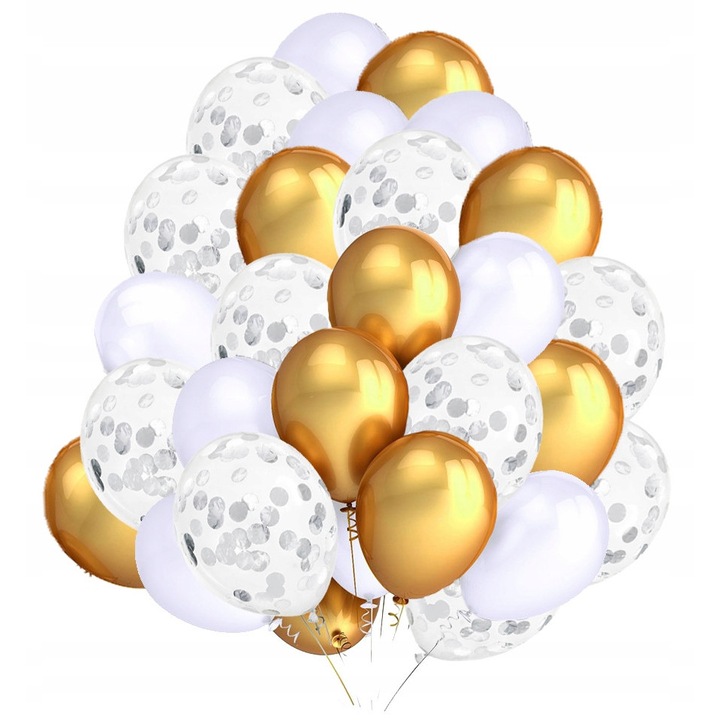 Комплект бели, златни балони и със сребърни конфети, 30 броя, 12-14 инча