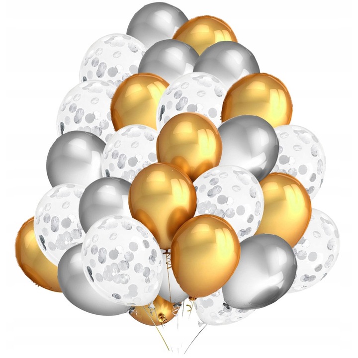 Комплект сребърни, златни и с конфети балони, 30 броя, PartyPro