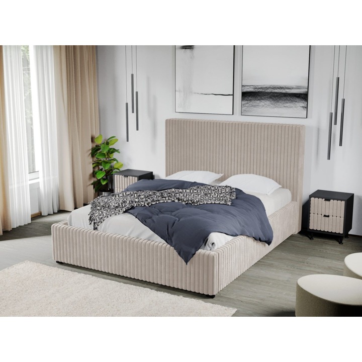 Pat Tapitat Reno, Somiera fixa, 180x200, Culoare Crem/Tilia 3