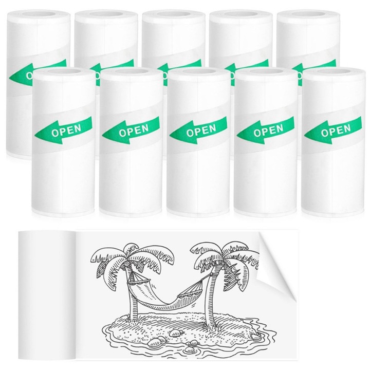 Klenzo® Set 10 Role autocolante de Hartie de Imprimanta Pentru Aparate Foto cu Printare Instantanee Pentru Copii, Universal，57mmx25mm, Alb