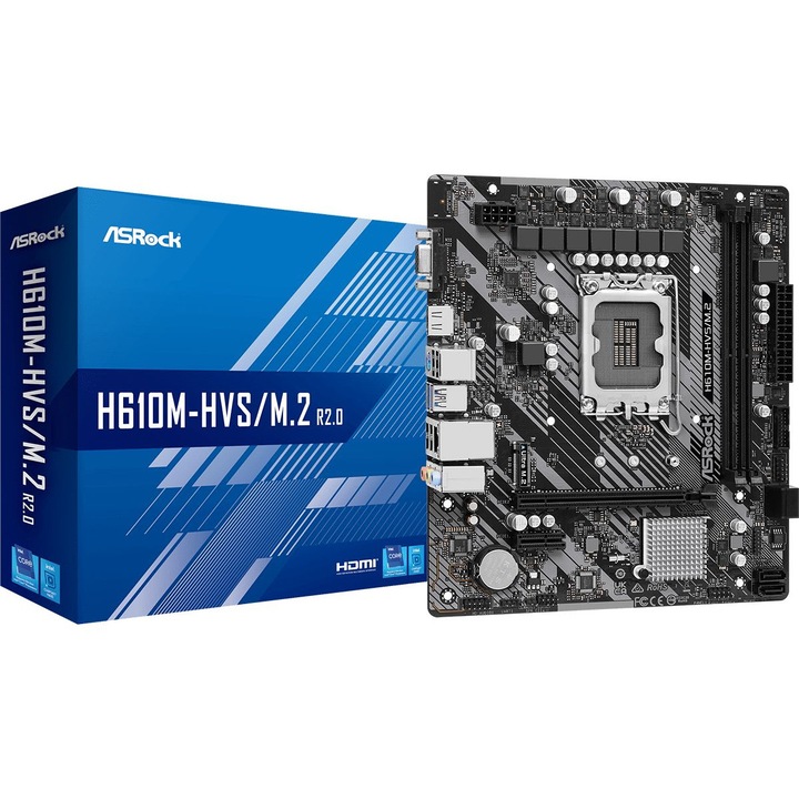 ASRock H610M-HVS/M.2 R2.0 LGA1700, Intel H610, 2xDDR4, Max:3200MHz, Max:64GB, 1xPCIE16, 1xPCIE1, 4xSATA3, 4xUSB, 2xUSB3.2, VGA, HDMI, PS2:1 db, 7.1, Gigabit, 1xUltra M.2, Micro-ATX alaplap