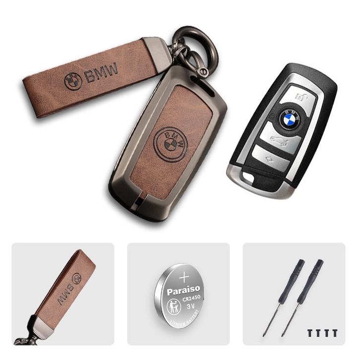 Set Carcasa Cheie BMW din Aliaj + Breloc - Pentru Chei Clasice, Zinc de Inalta Calitate, Protectie 360°, Metal Bronz + Piele Maro - Include Baterie CR2450 (Durata de Viata a Bateriei 3 Ani)