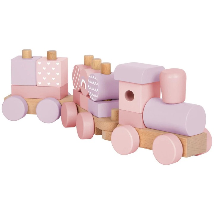 Trenulet din lemn de stivuire, Roz, Small Foot, 12 luni+, Jucarie Montessori interactiva si educativa, Dezvoltare Senzoriala