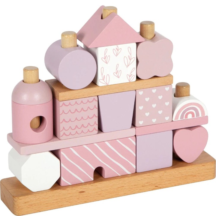 Дървена къща за подреждане, Small Foot, Розова, 12 месеца+, Интерактивна и образователна Монтесори играчка, Сетивно развитие, 18 части