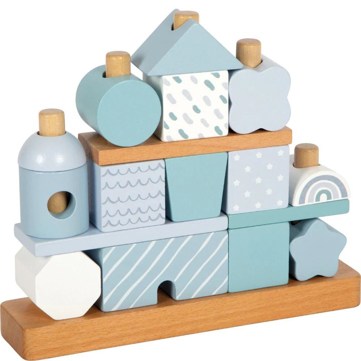 Дървена къщичка за подреждане, Small Foot, Синя, 12 месеца+, Интерактивна и образователна Монтесори играчка, Сензорно развитие, 18 части