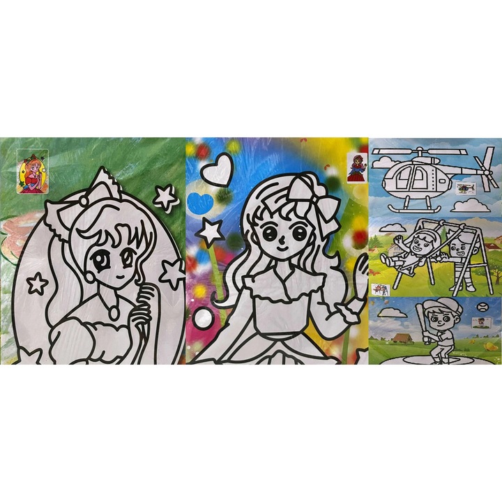 Set Creativ de Pictura cu Nisip, 5 Planse Ilustrate, 9 Recipiente cu Nisip Colorat, Activitate Educativa pentru Copii