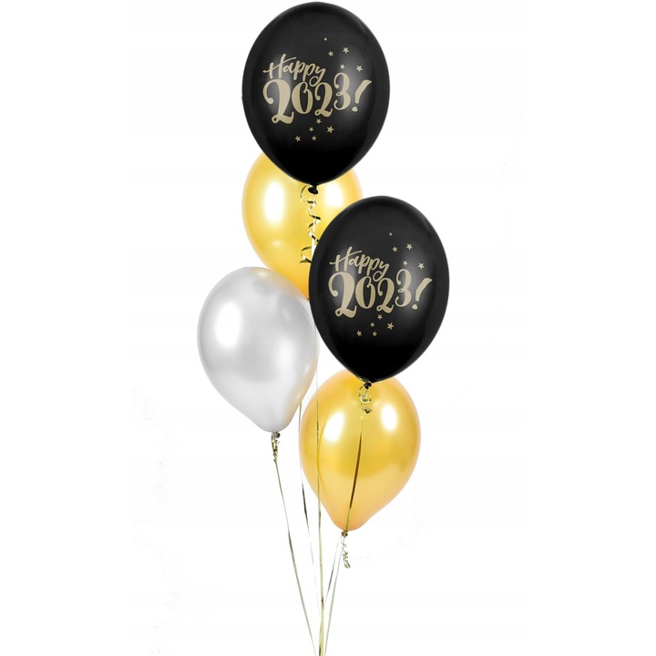 Set baloane de Anul Nou, PartyPro, 14 inch, aurii, negre, argintii