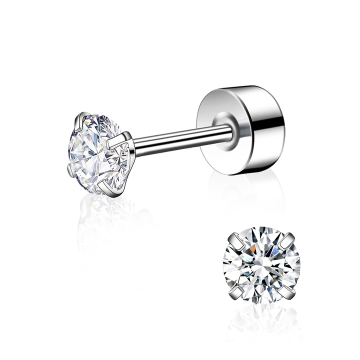 Brosa de ureche din otel inoxidabil cu filet si spate plat，Omelivon®， filetati si spate plat, cu sens de lux - inclusiv cercei pentru cartilaj (extrem de stralucitori)，Elegant ，culoare otel