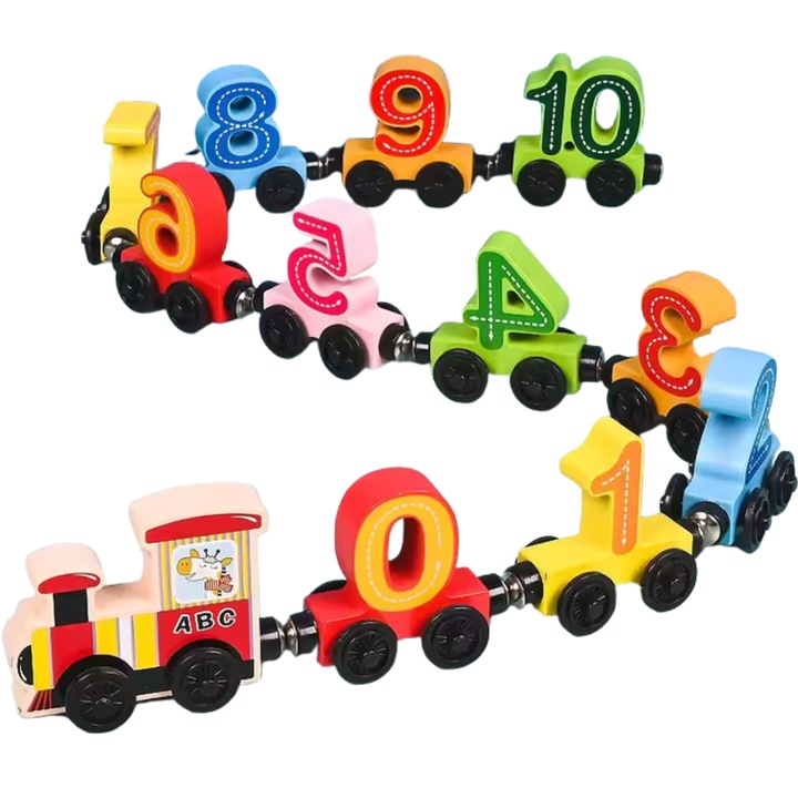 Jucarie Educativa Montessori pentru Copii - Trenulet Interactiv cu Piese din Lemn si Prindere Magnetica - Cifre Multicolore pentru Invatare Matematica si Activitati de Numarare si Ordonare - 2 Ani+